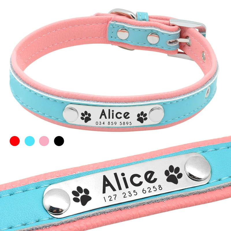 Collar personalizado de cuero reflectante para Perro, placa de identificación con grabado gratis, para perros pequeños, medianos y grandes