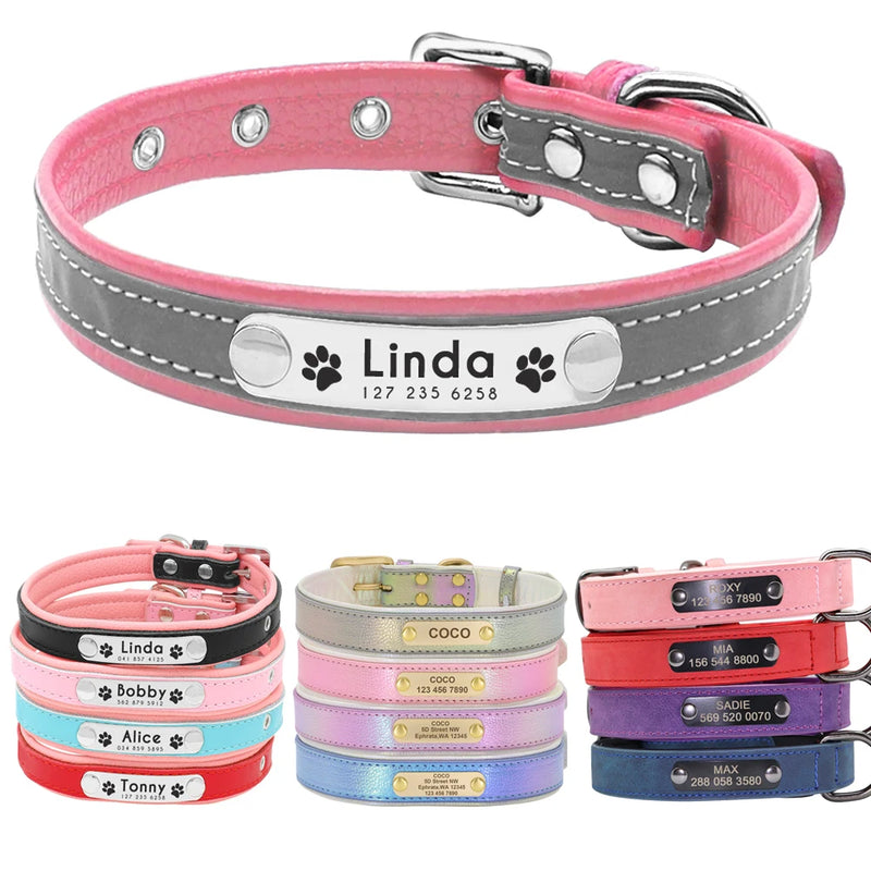 Collar personalizado de cuero reflectante para Perro, placa de identificación con grabado gratis, para perros pequeños, medianos y grandes