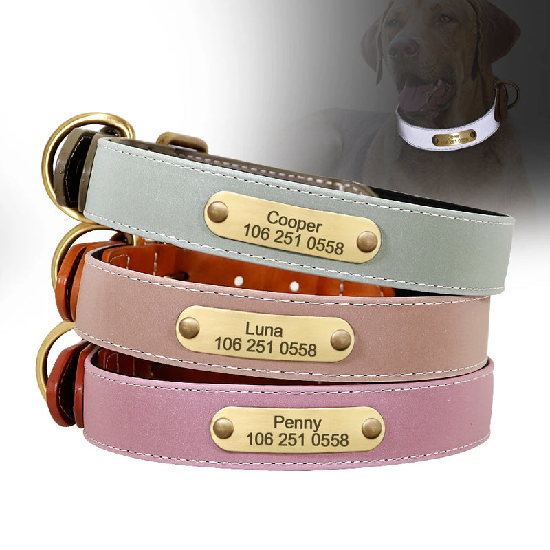 Collar personalizado de cuero reflectante para Perro, placa de identificación con grabado gratis, para perros pequeños, medianos y grandes