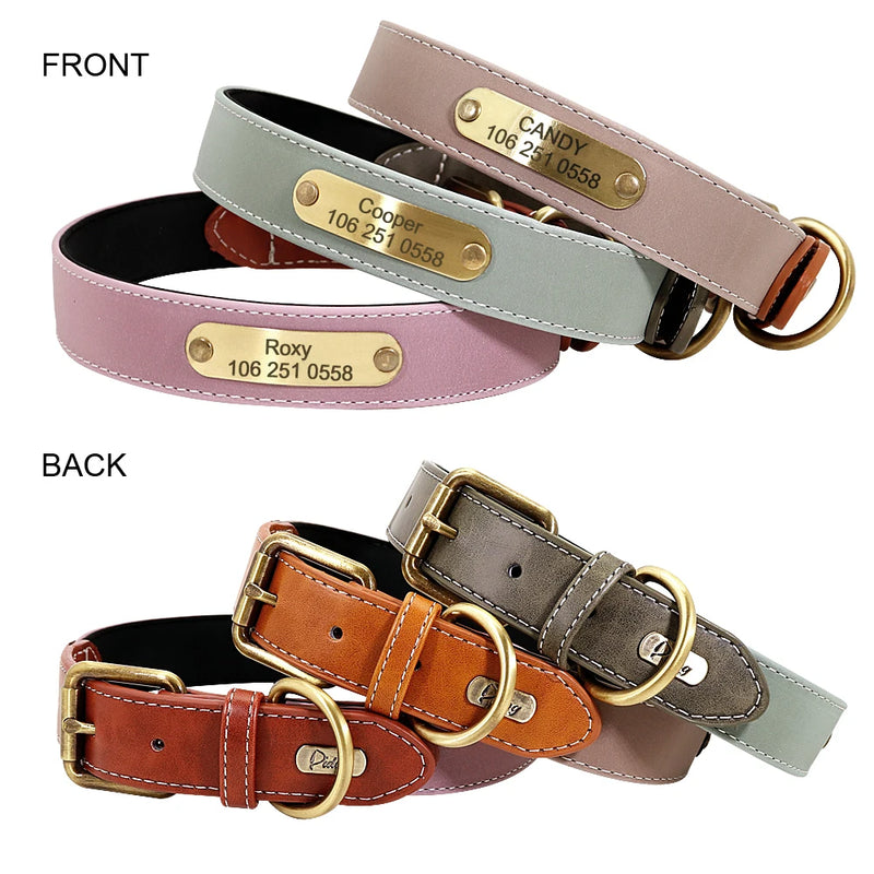 Collar personalizado de cuero reflectante para Perro, placa de identificación con grabado gratis, para perros pequeños, medianos y grandes