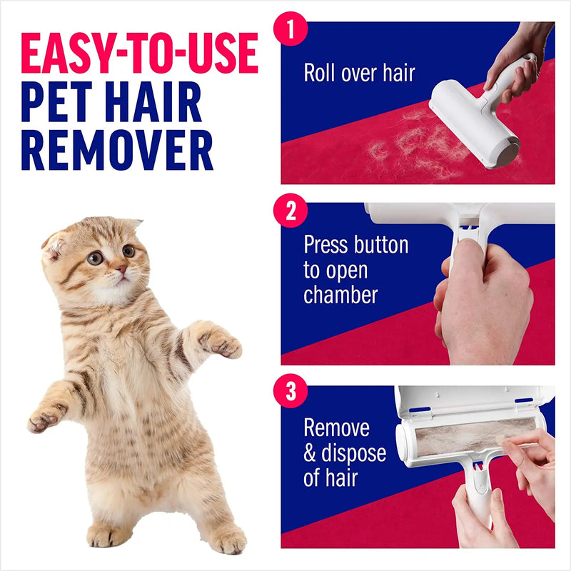 Rolo removedor de pelos de animais de estimação: remove com eficiência os pelos de cães e gatos. Base autolimpante para fácil remoção dos pelos.