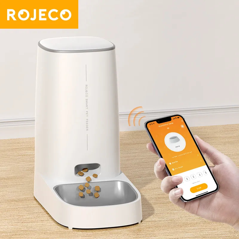 Comedero automático para gatos ROJECO: Dispensador de comida inteligente WiFi con mando a distancia para comida seca para perros y gatos."