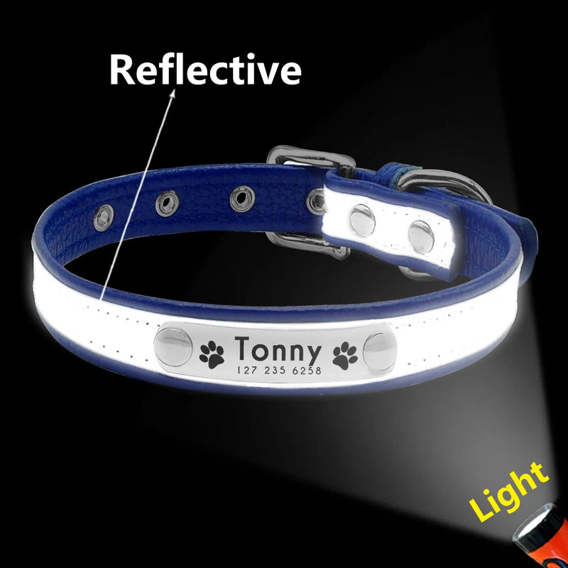 Collar personalizado de cuero reflectante para Perro, placa de identificación con grabado gratis, para perros pequeños, medianos y grandes