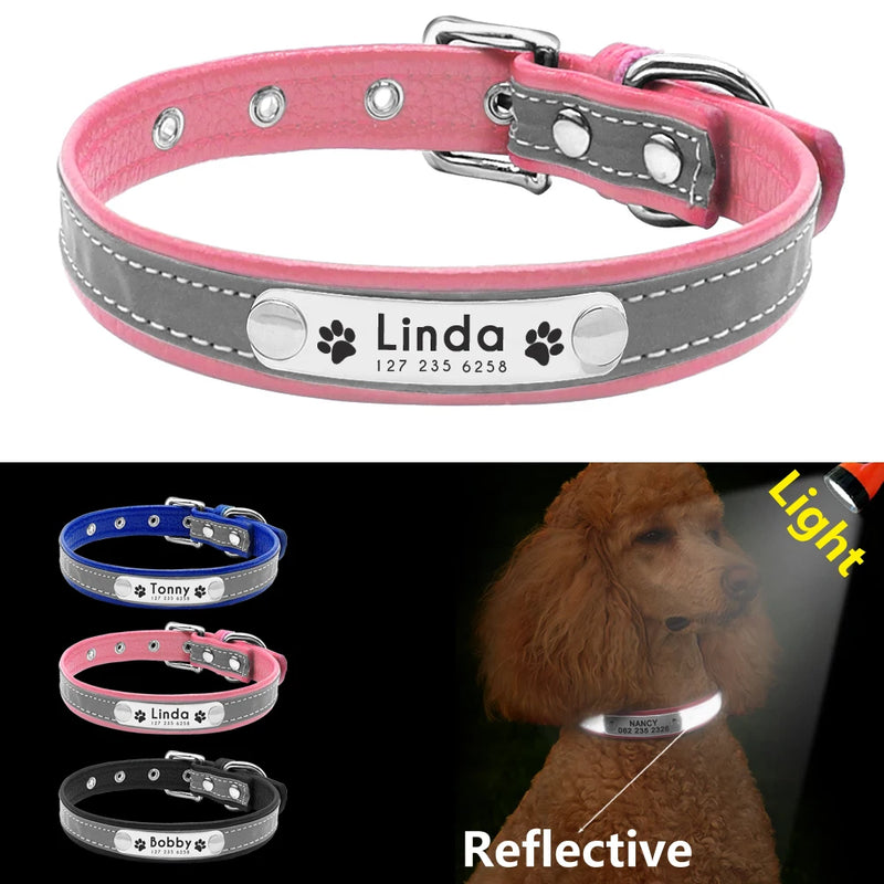 Collar personalizado de cuero reflectante para Perro, placa de identificación con grabado gratis, para perros pequeños, medianos y grandes